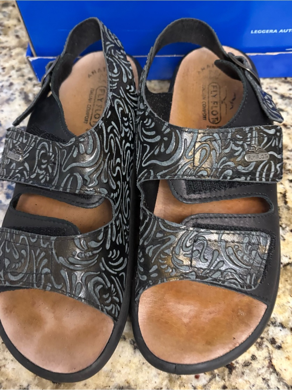 Fly Flot Black Patterned Leather Adjustable Sandals